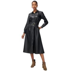 Chicos 0 Black Faux Leather Collared Button Up Long Sleeve Midi Dress Pockets